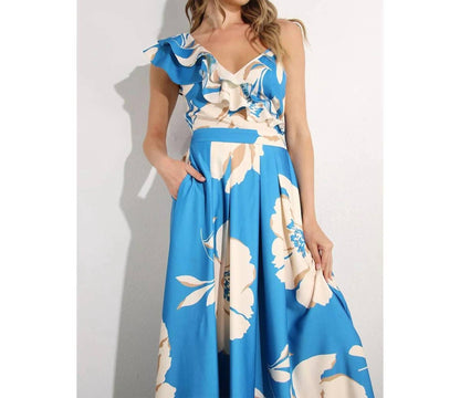 One Shoulder Ruffle Pleated Maxi Dress