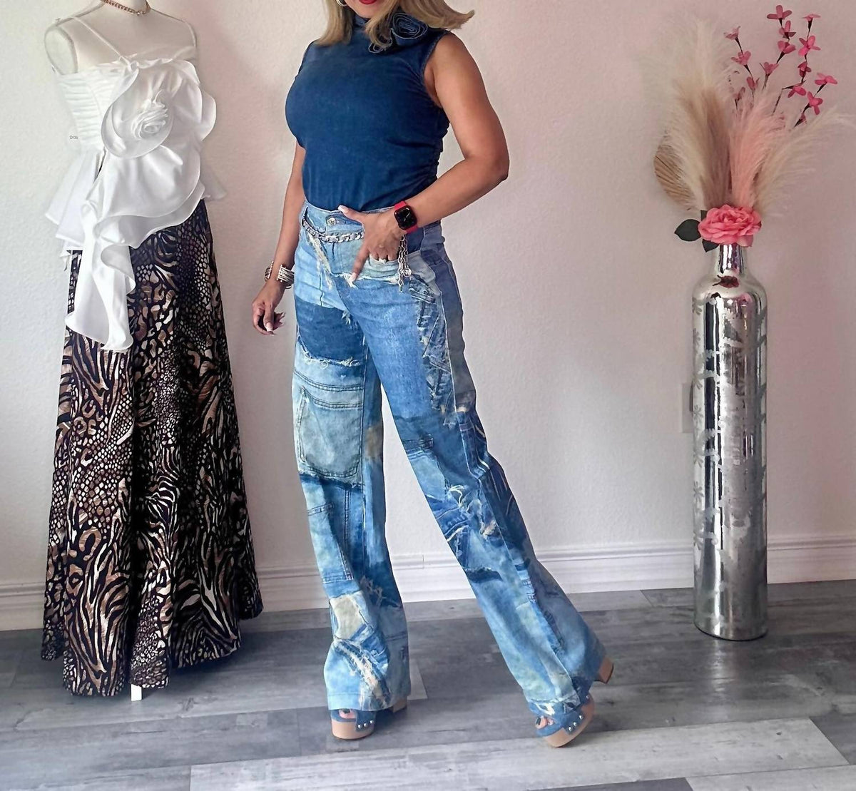 Denim Print Patch Pants