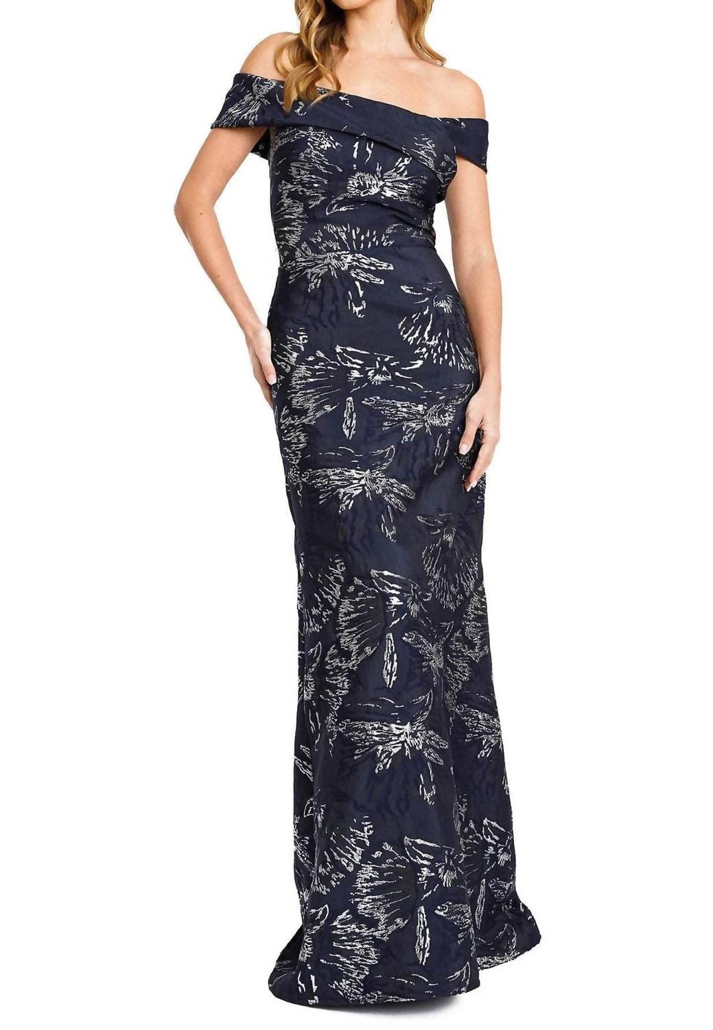Off-shoulder Metallic Printed Maxi Dress