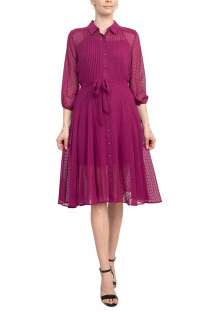 Collared Knee-length Chiffon Dress