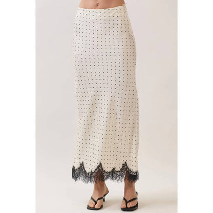 Polka Dot Satin Lace Trim Maxi Skirt