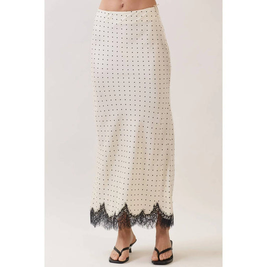 Polka Dot Satin Lace Trim Maxi Skirt