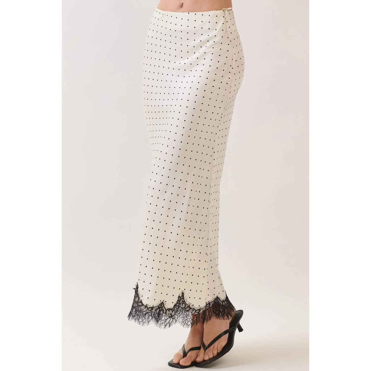 Polka Dot Satin Lace Trim Maxi Skirt