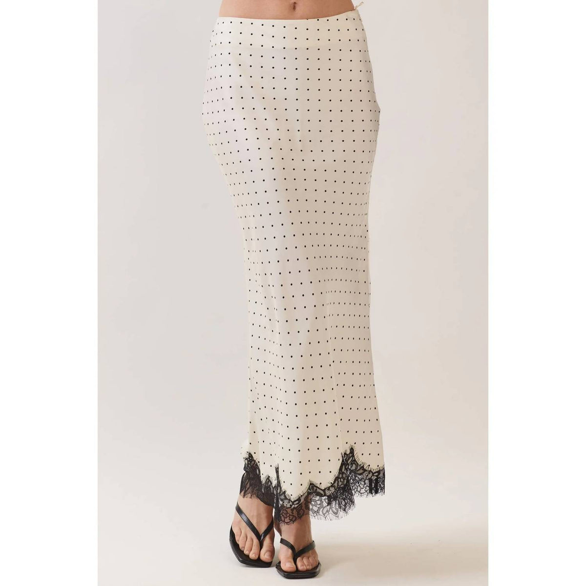 Polka Dot Satin Lace Trim Maxi Skirt