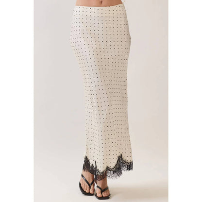 Polka Dot Satin Lace Trim Maxi Skirt