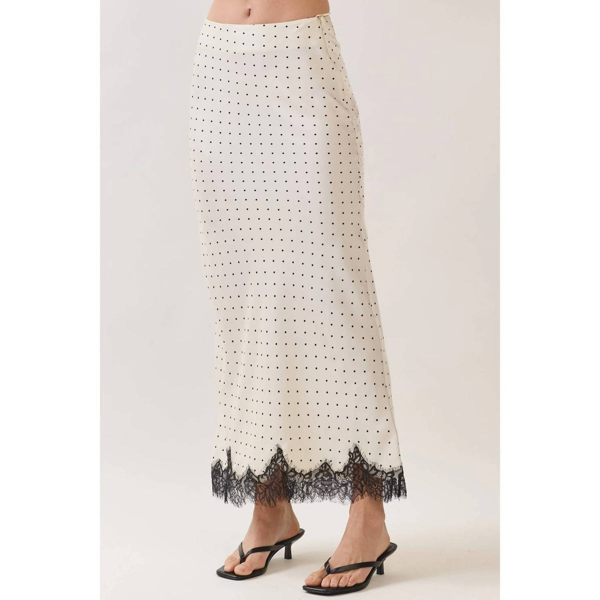 Polka Dot Satin Lace Trim Maxi Skirt
