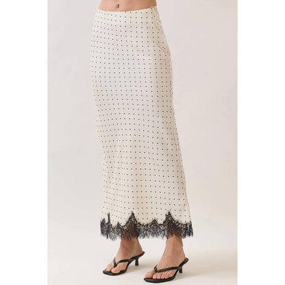Polka Dot Satin Lace Trim Maxi Skirt
