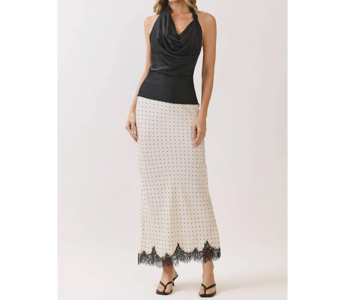 Polka Dot Satin Lace Trim Maxi Skirt