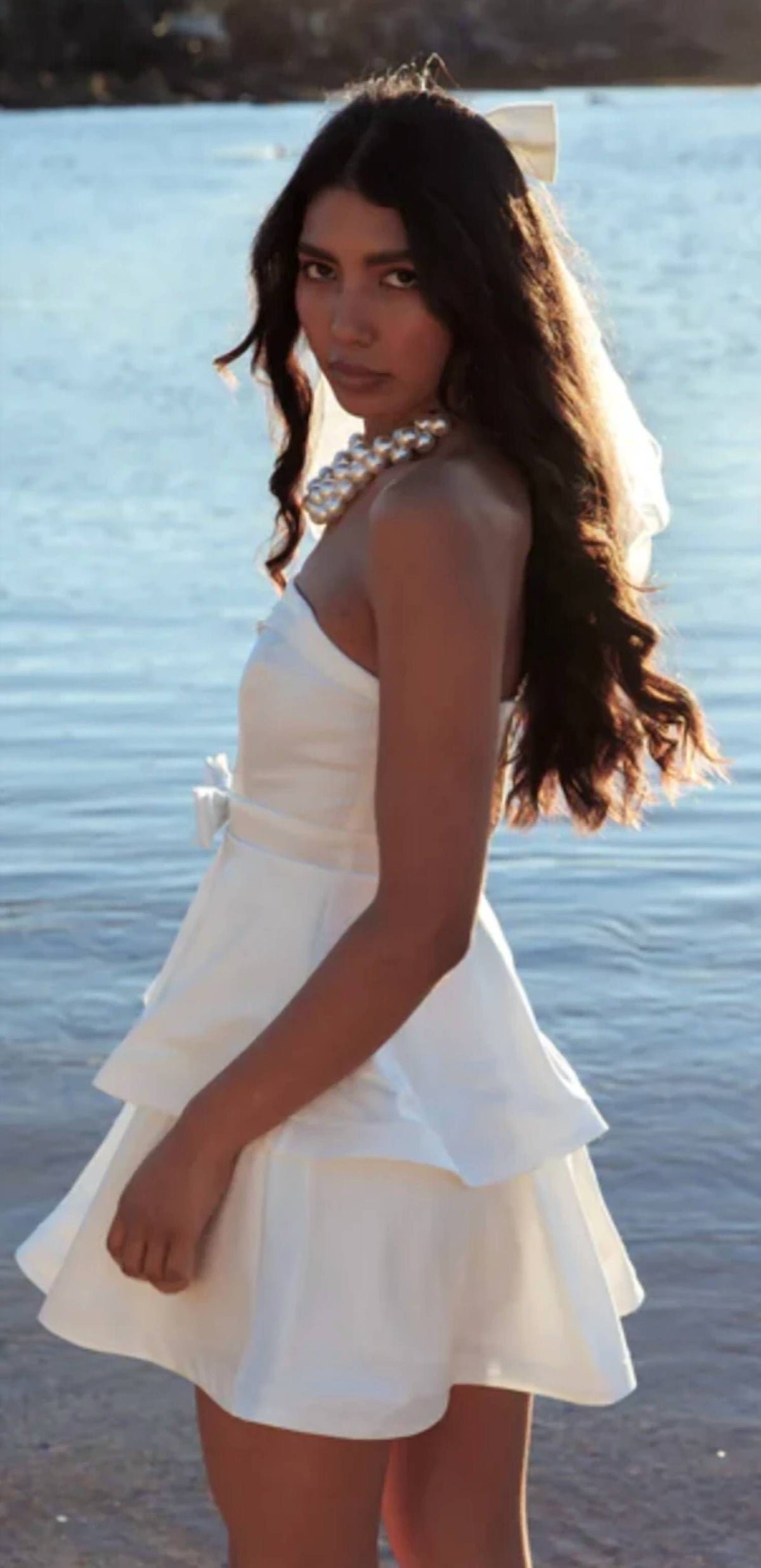 Strapless Bow Tiered Mini Dress