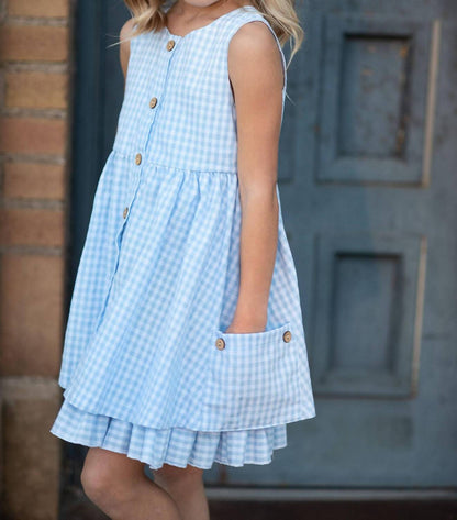 Girls' Gingham Check Pocket Ruffle Spring Dress