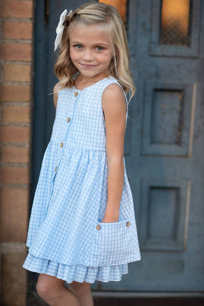 Girls' Gingham Check Pocket Ruffle Spring Dress