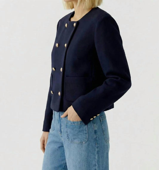 Oui Women's Collarless Scuba Jacket in Dark Blue - view 2