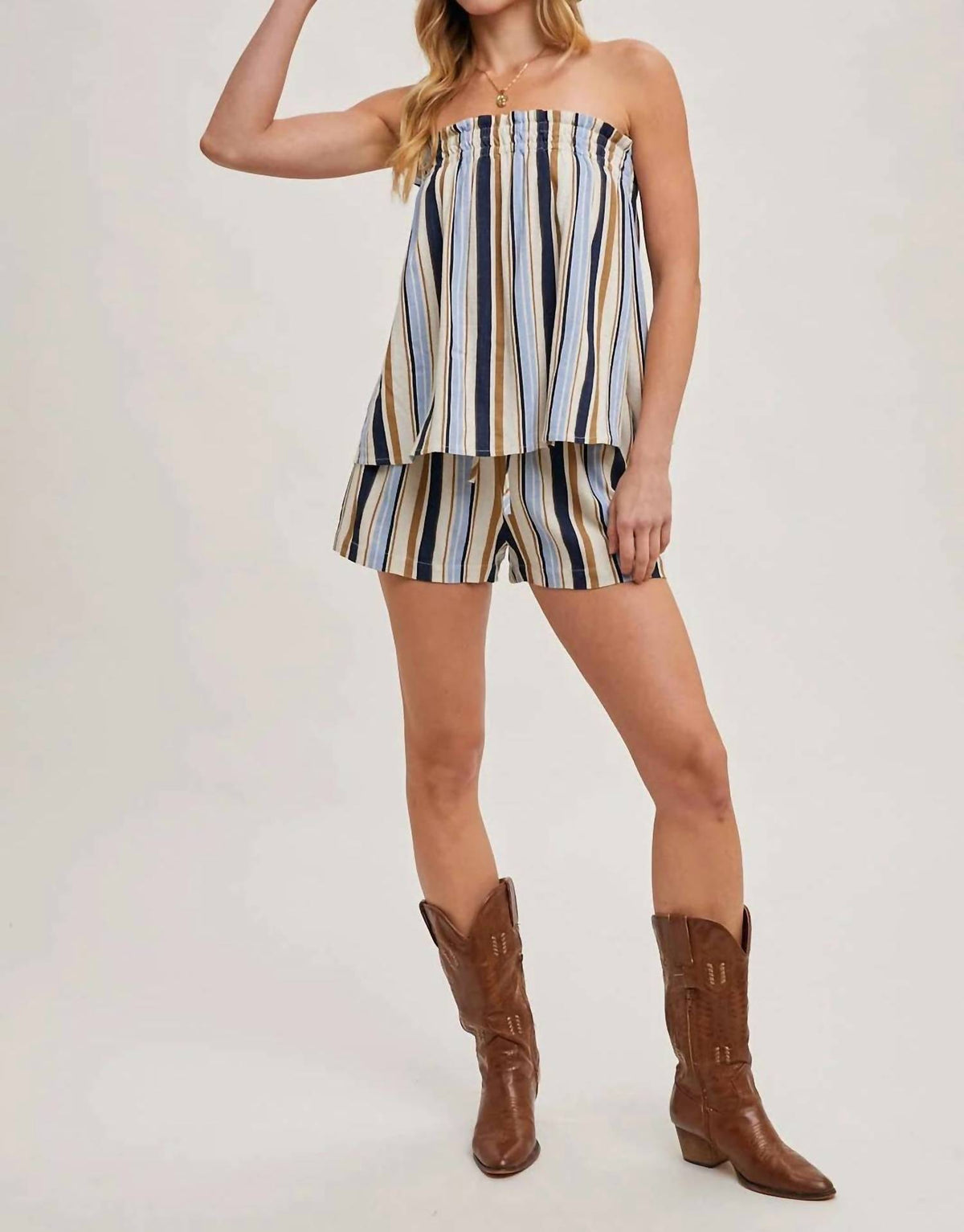 Striped Smocked Shorts Set