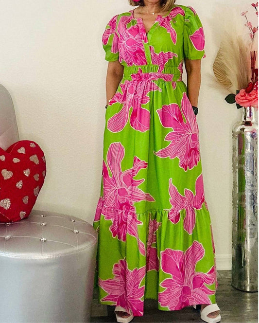 Notched Flared V-neck Maxi Dress