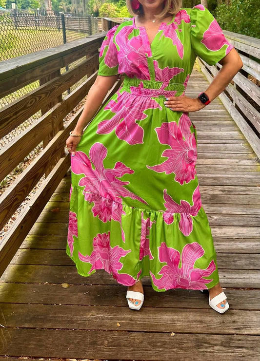 Notched Flared V-neck Maxi Dress