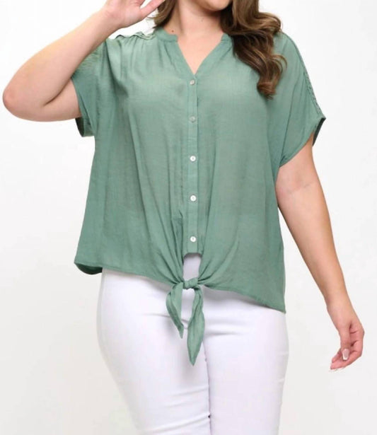 Crochet Detail Tie Front Button Down Short Sleeve Top - Plus