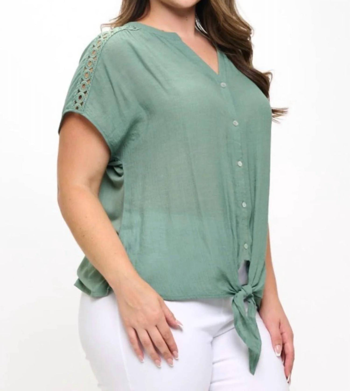 Crochet Detail Tie Front Button Down Short Sleeve Top - Plus