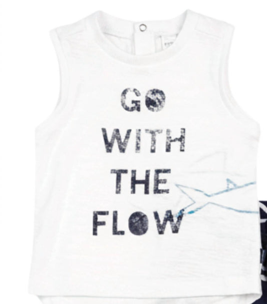 Petit Lem Kids 2-Piece Flow Logo Tank Top & Wave Print Jogger Pants in White, Blue - view 2