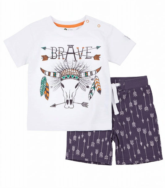 Petit Lem Kids Brave 2-Piece Tee & Short Set in White/blue