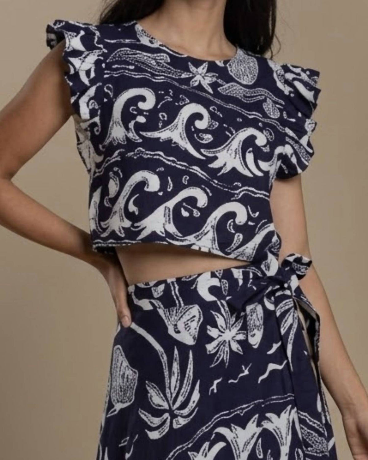 Coquille Linen Print Frill Crop Top