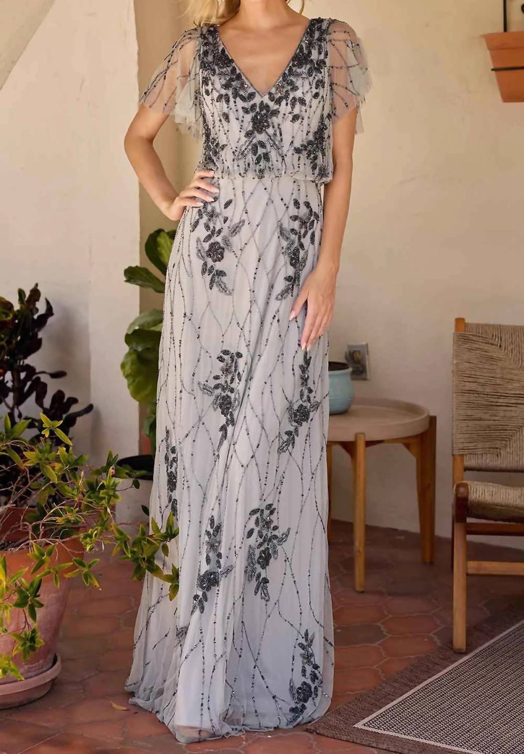 Floral Beaded Flutter Sleeve Prom Gown