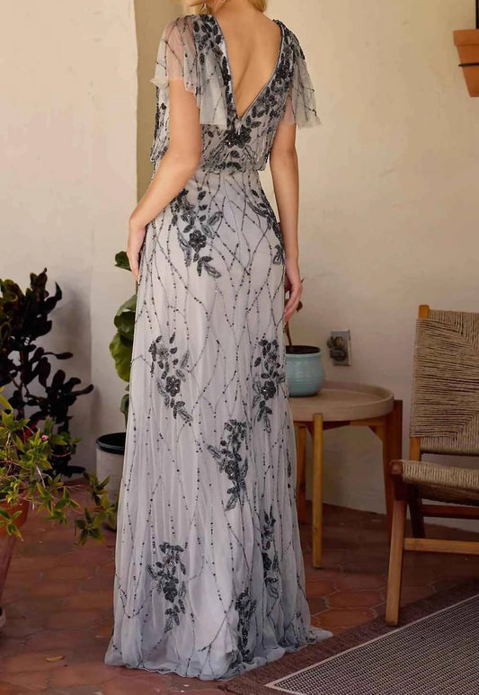 Floral Beaded Flutter Sleeve Prom Gown