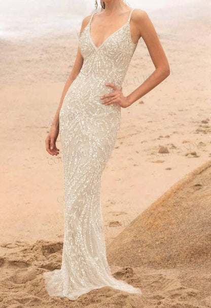 Spaghetti Strap Beaded Prom Gown