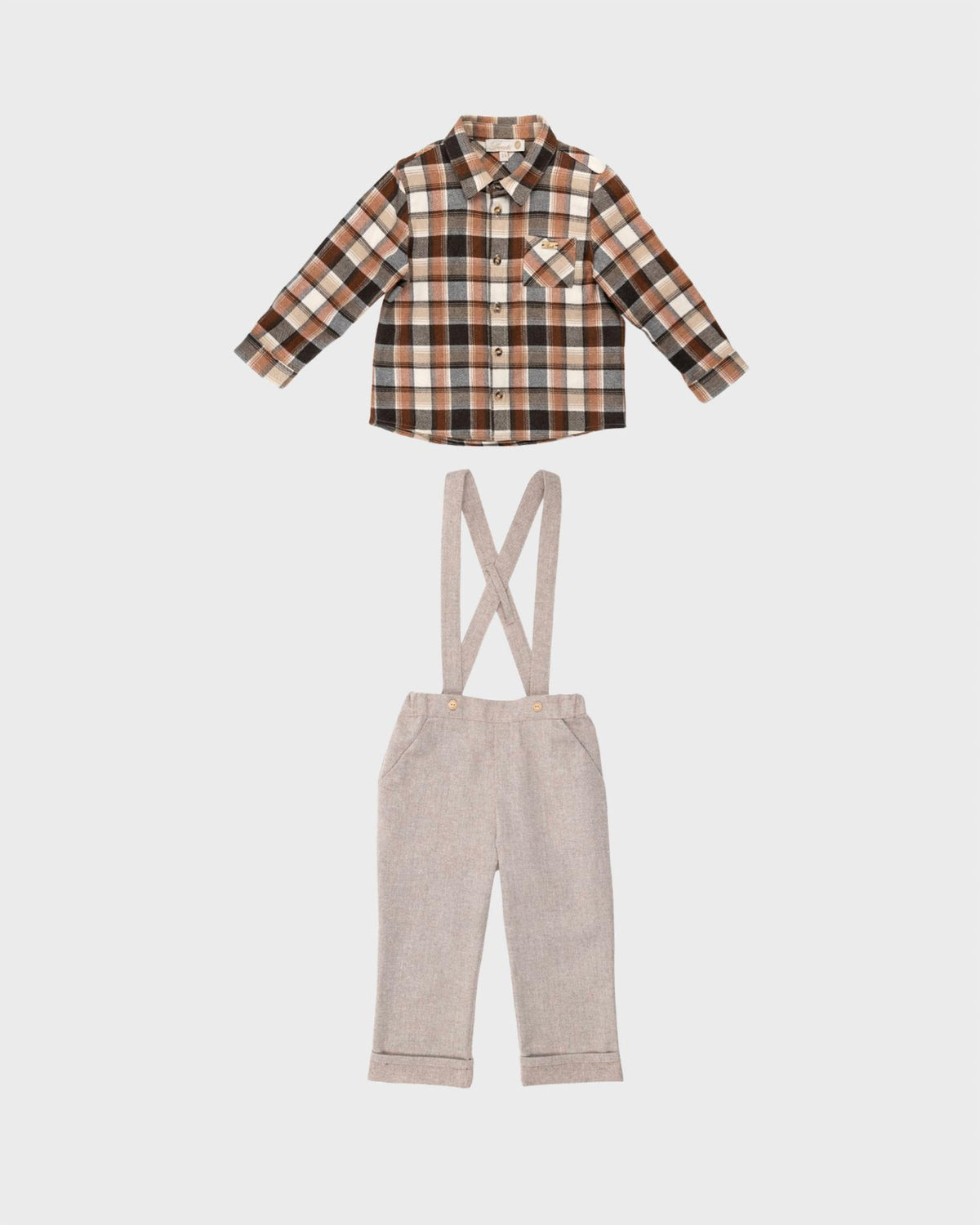 Boy's Herringbone Overall Pants With Plaid Button Up Set