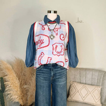 Howdy Sweater Vest With Gingham Western Icon Print