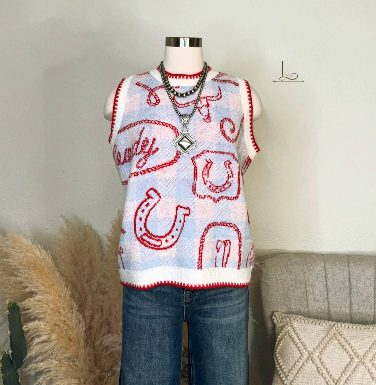 Howdy Sweater Vest With Gingham Western Icon Print