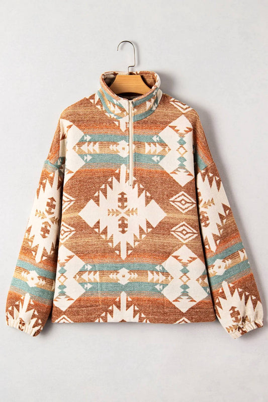 Women's Quarter Zip Elastic Cuffs Aztec Sweatshirt