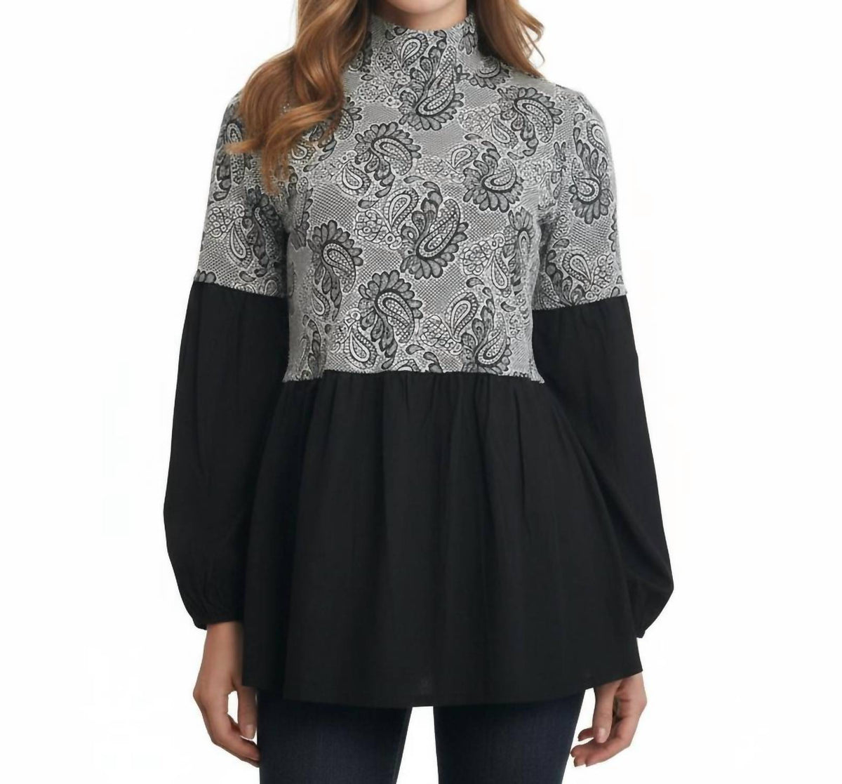 Button Back Paisley Print High Neck Blouse