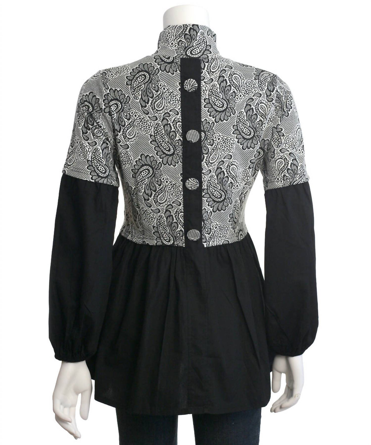 Button Back Paisley Print High Neck Blouse