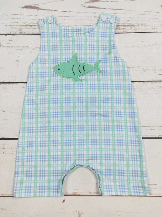 Boy's Little Shark Checkered Romper