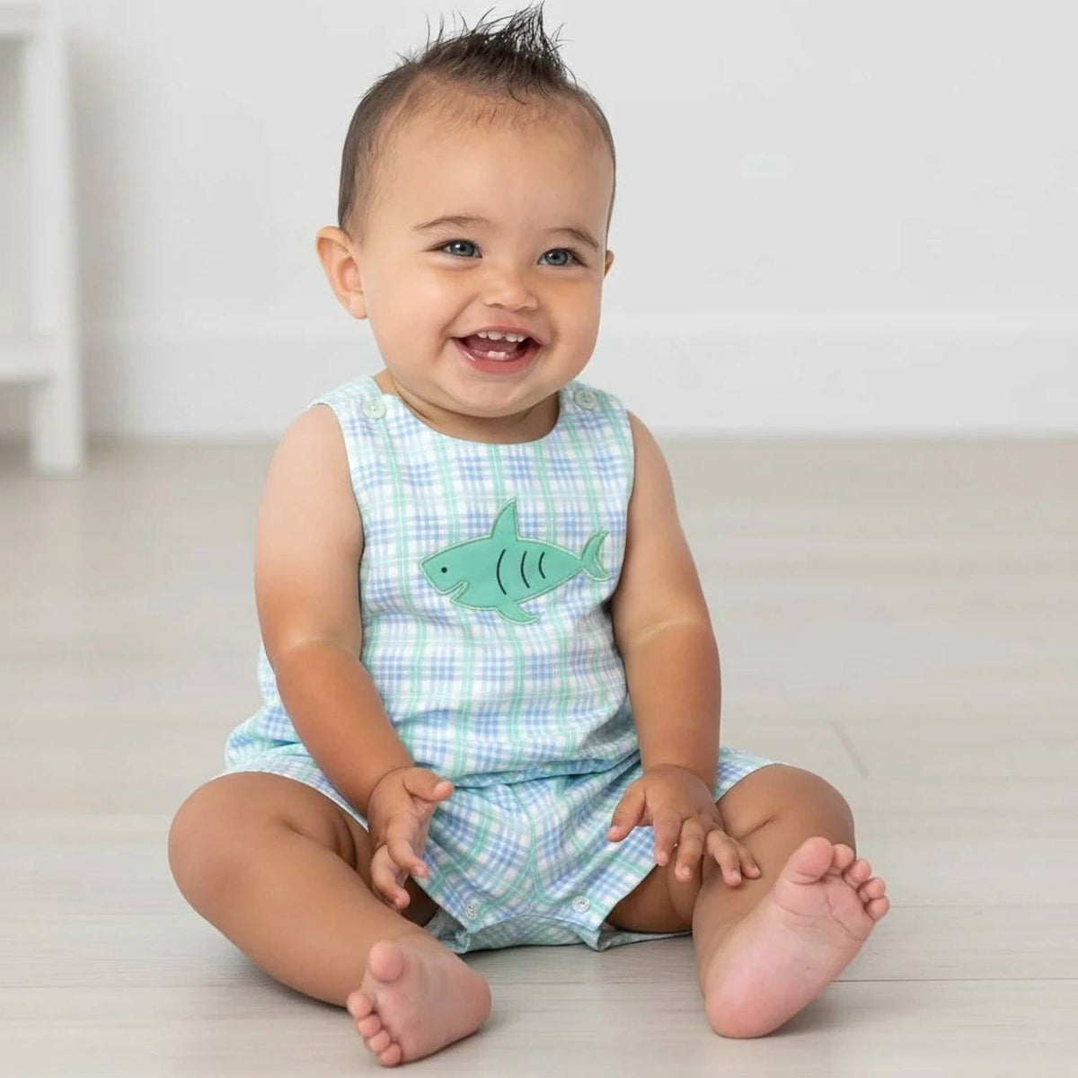 Boy's Little Shark Checkered Romper