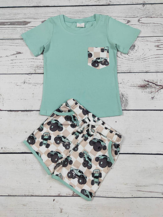 Boy's Trucks Gingham Shorts Set