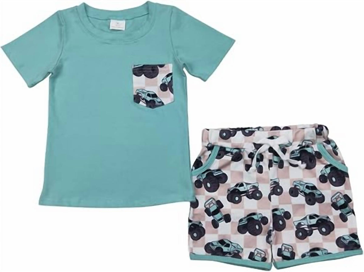 Boy's Trucks Gingham Shorts Set