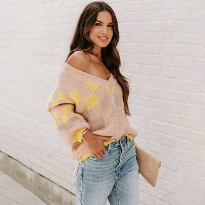 Checkerboard Magic V-Neck Sweater