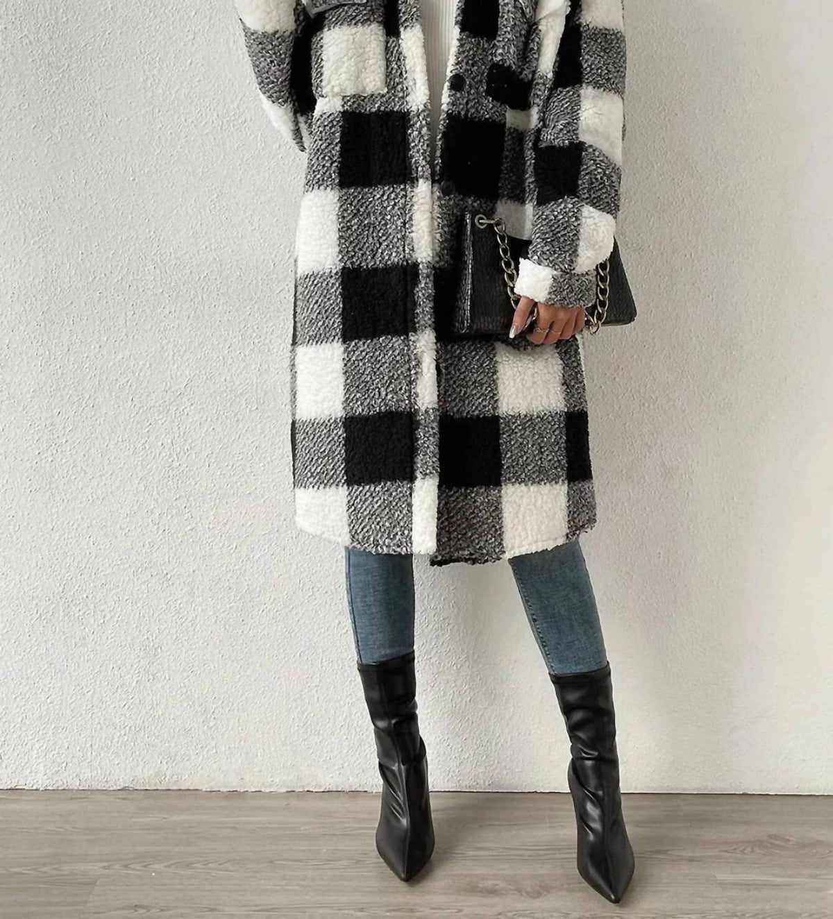 Lapel Plush Plaid Shacket