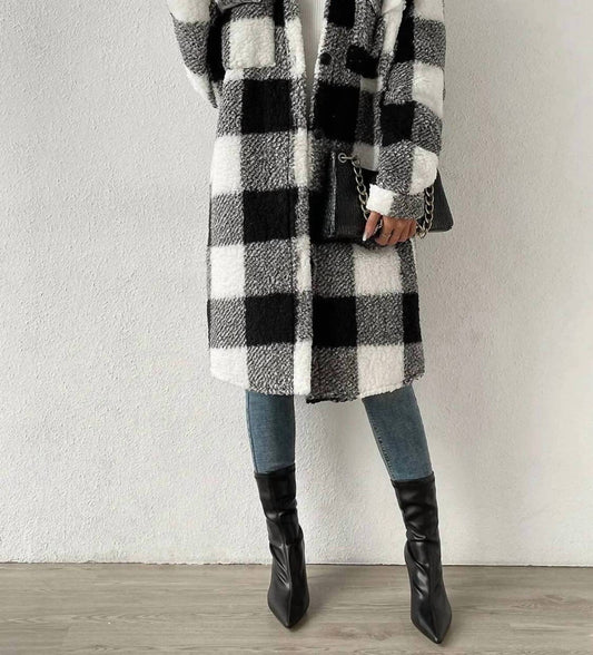 Serenity Women's Lapel Plush Plaid Shacket in Black