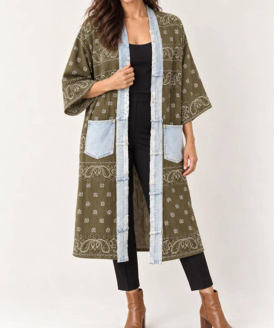 shannon passero Women's Upcycled Denim Bandana Print Cardigan Kimono in Olive