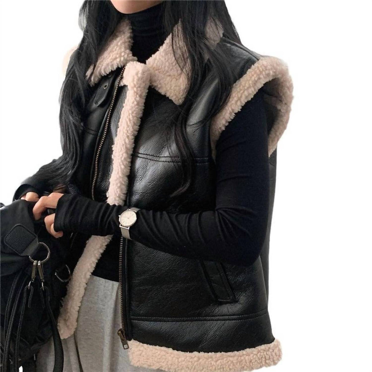 Women's Fur Collar Color Block Thick Vest