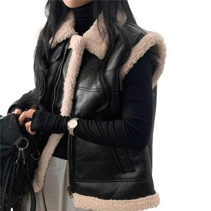 Women's Fur Collar Color Block Thick Vest