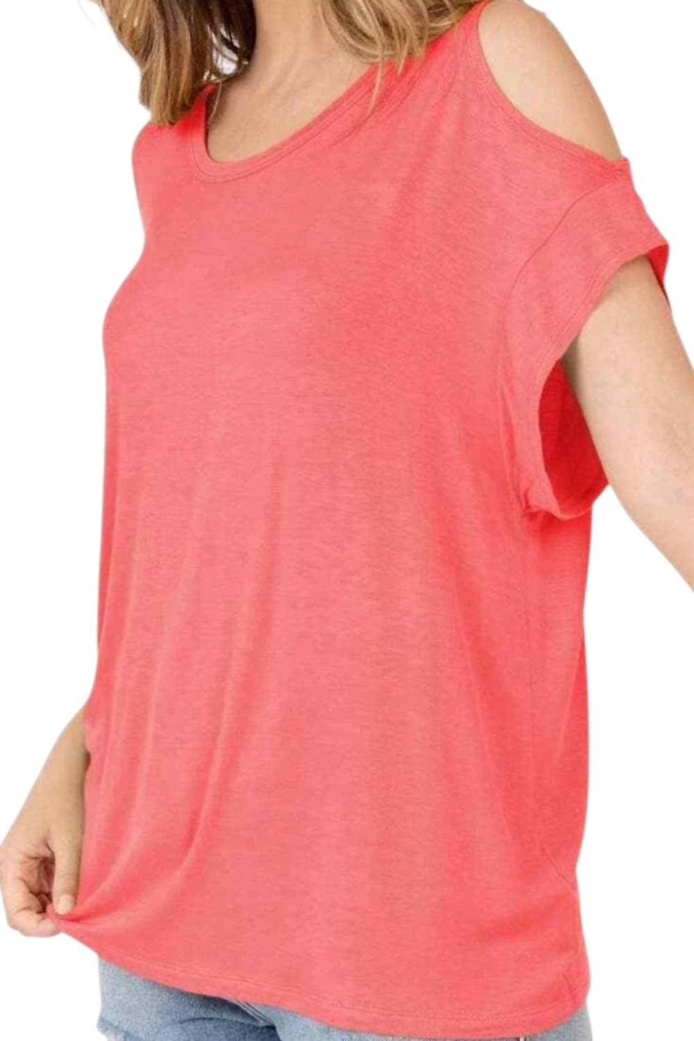 Cold Shoulder Rolled Short Sleeve Round Neck Top With Side Slits