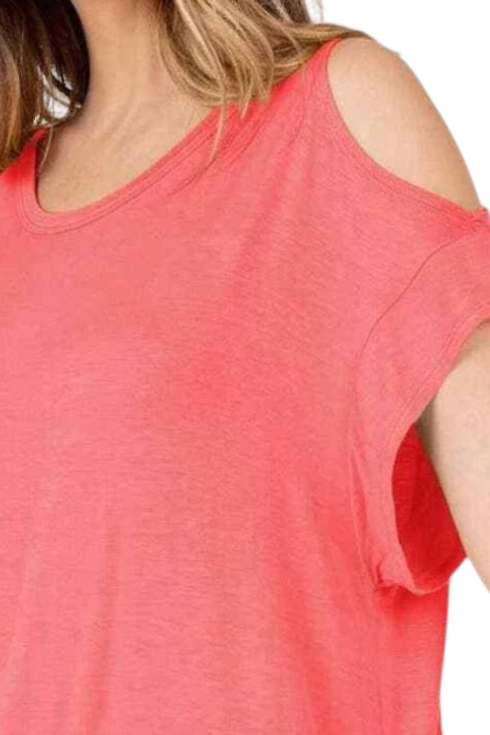 Cold Shoulder Rolled Short Sleeve Round Neck Top With Side Slits