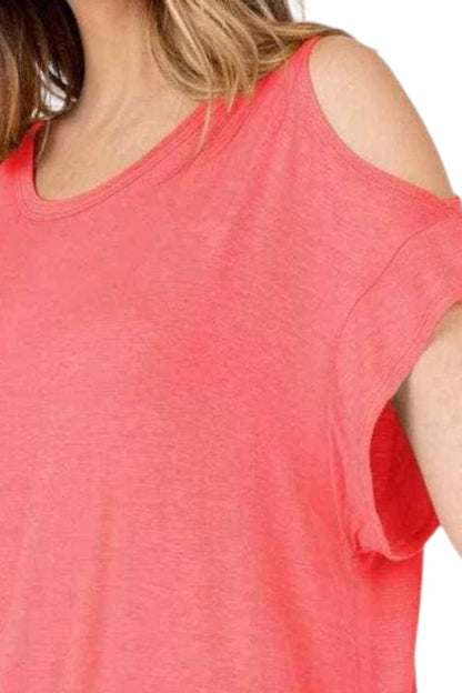 Cold Shoulder Rolled Short Sleeve Round Neck Top With Side Slits