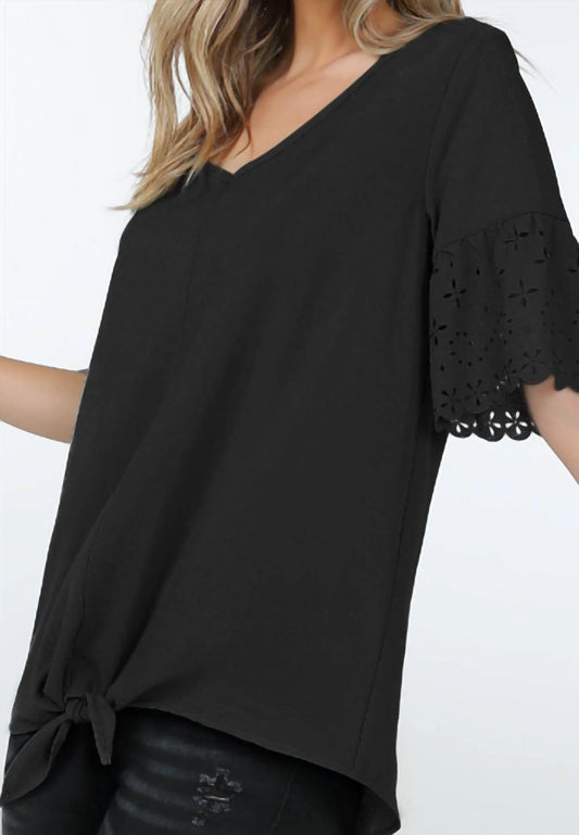 Laser Cut Short Sleeve V Neck Top With Tie