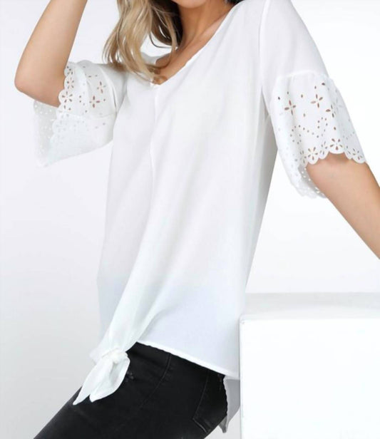 Laser Cut Short Sleeve V Neck Top With Tie