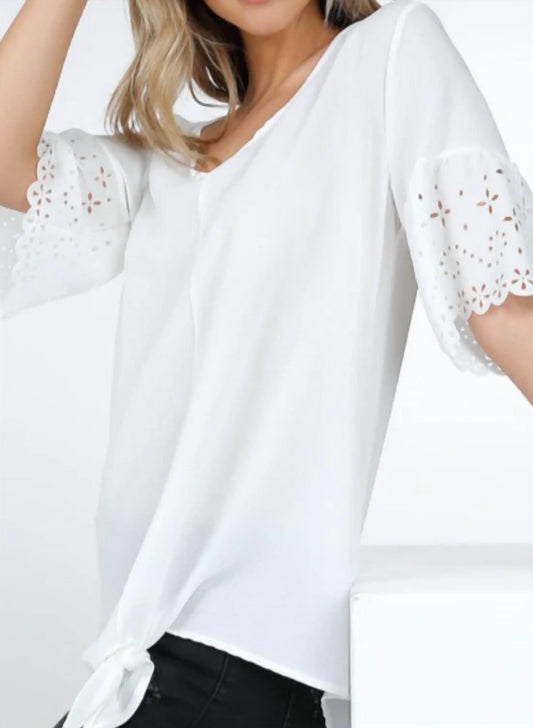 Laser Cut Short Sleeve V Neck Top With Tie