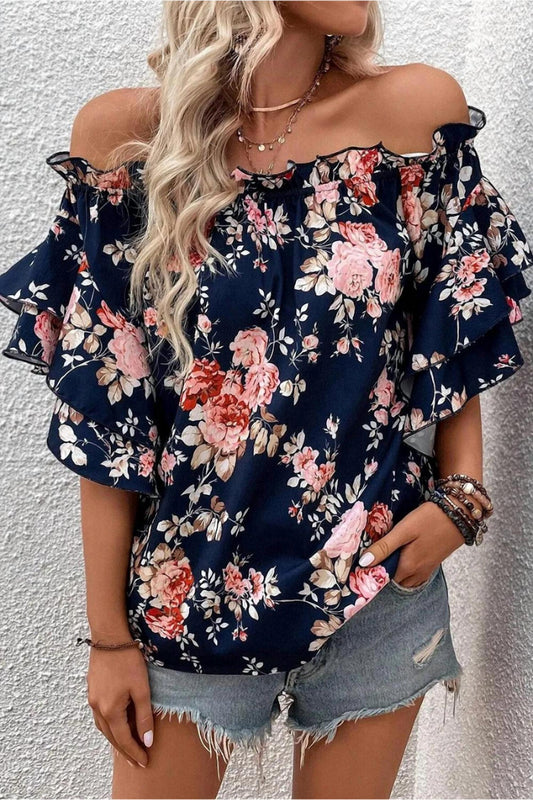Ruffle Off Shoulder Flounce Sleeve Floral Blouse